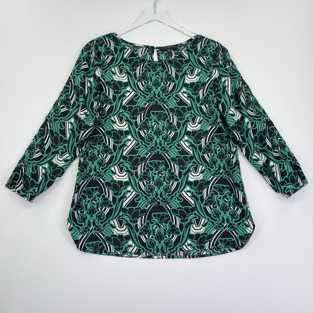 J.Crew Blouse Womens 8 Green Floral Long Sleeve Round Neck Shirt Top